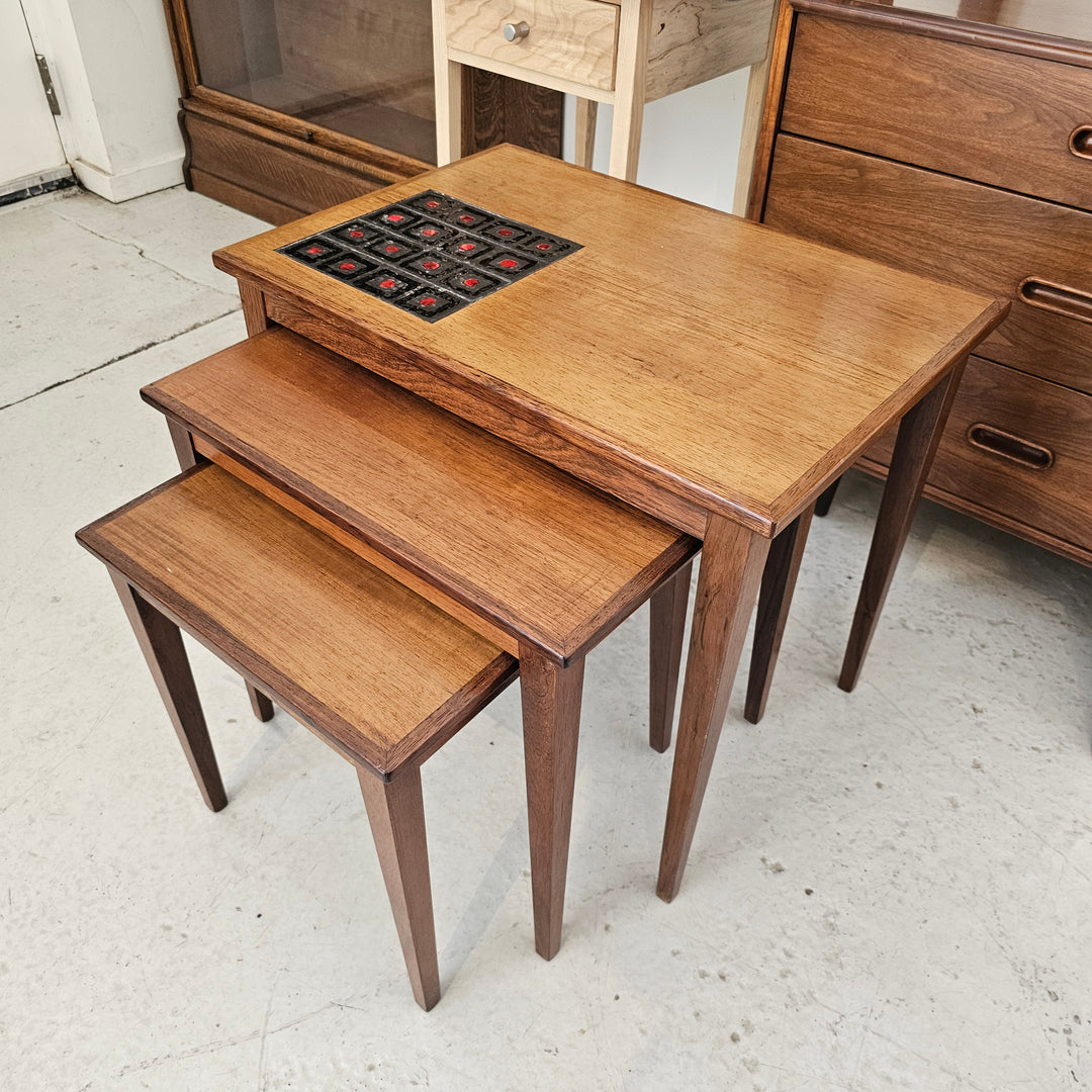 Danish Wooden Nesting Table w/ Inset Tile Detail