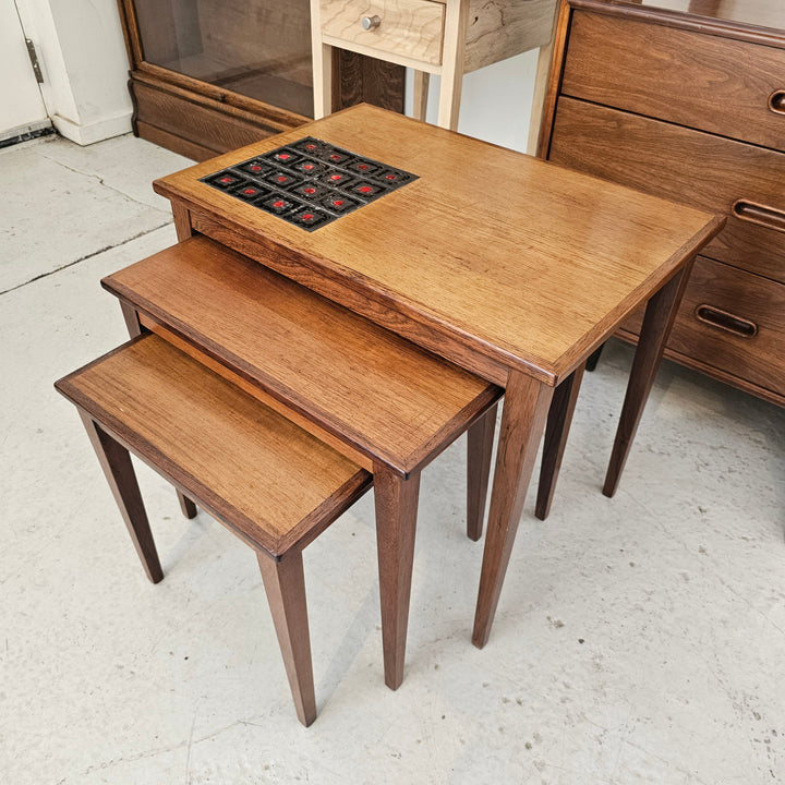 Danish Wooden Nesting Table w/ Inset Tile Detail