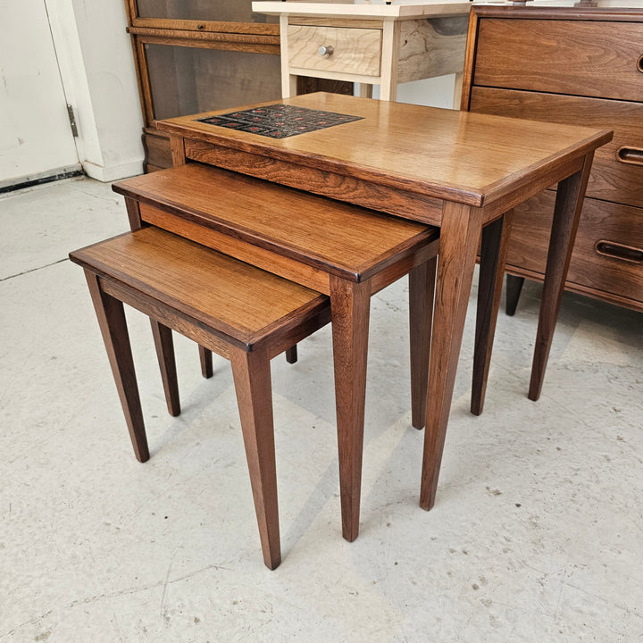 Danish Wooden Nesting Table w/ Inset Tile Detail