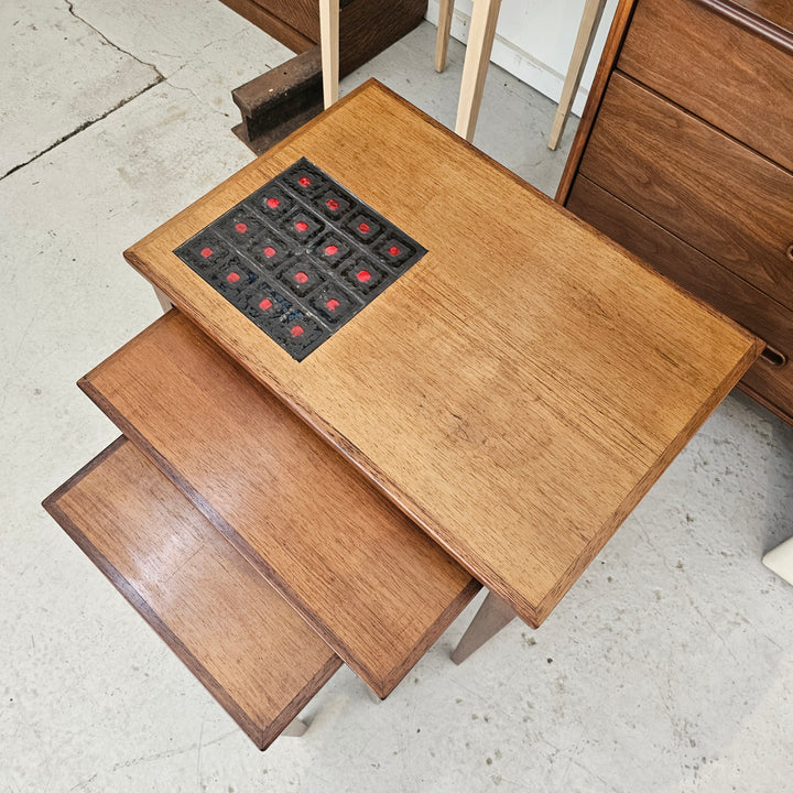 Danish Wooden Nesting Table w/ Inset Tile Detail