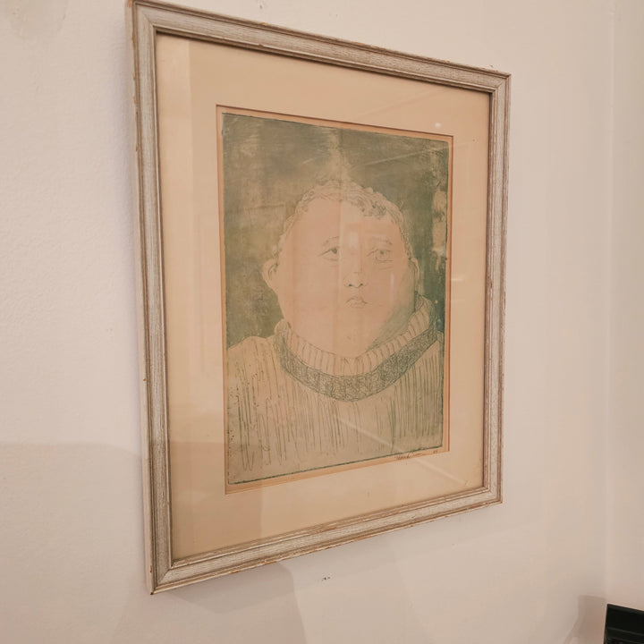 Signed Green Etching of Boy, 1965
