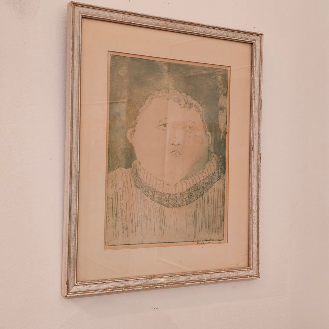 Signed Green Etching of Boy, 1965