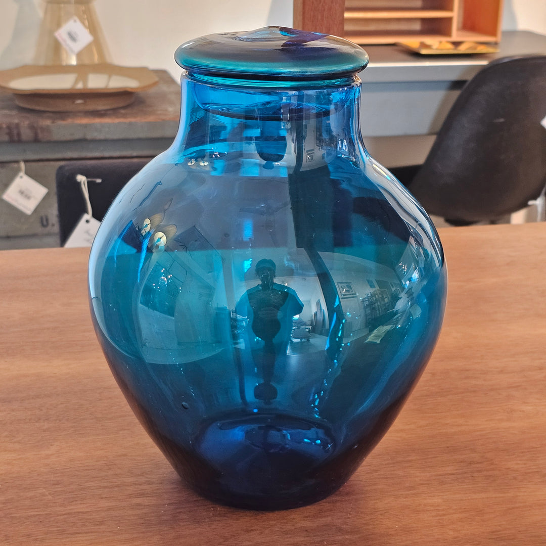 Large Blue Blenko Glass Canister