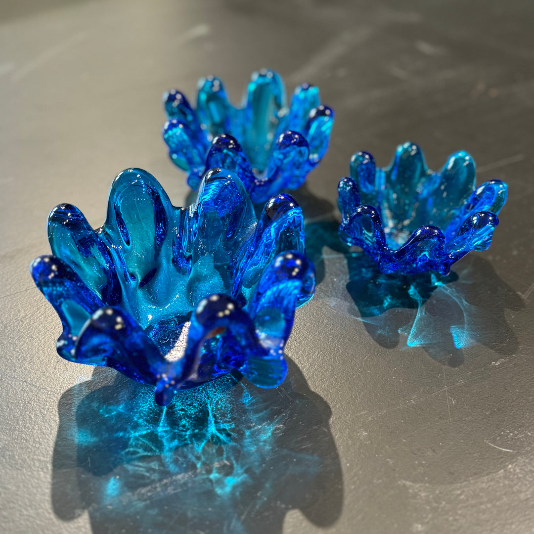 Set of 3 Blue Italian Glass Stretched Stacking Trinket Bowls